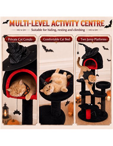 PawHut Gothic Cat Tree, 155cm Cat Tower for Indoor Kittens, Multi-Level Stable Kitten Activity Centre, Black, Halloween