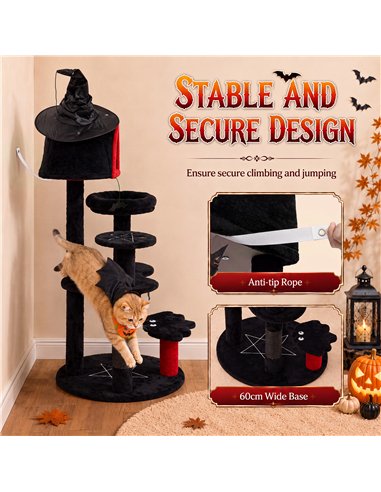 PawHut Gothic Cat Tree, 155cm Cat Tower for Indoor Kittens, Multi-Level Stable Kitten Activity Centre, Black, Halloween