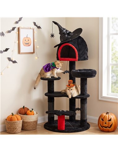 PawHut Gothic Cat Tree, 155cm Cat Tower for Indoor Kittens, Multi-Level Stable Kitten Activity Centre, Black, Halloween