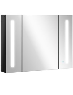 Kleankin LED Bathroom Wall Mounted Dimmable Cabinet with 3 Mirrored Doors, High Gloss Black