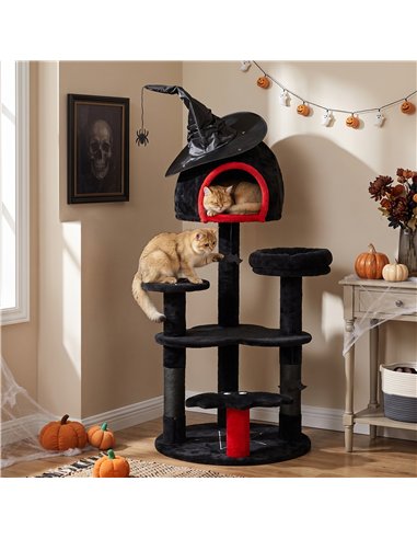 PawHut Gothic Cat Tree, 155cm Cat Tower for Indoor Kittens, Multi-Level Stable Kitten Activity Centre, Black, Halloween