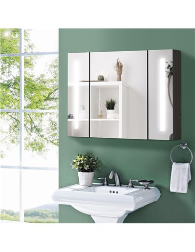 Kleankin LED Bathroom Wall Mounted Dimmable Cabinet with 3 Mirrored Doors, High Gloss Black