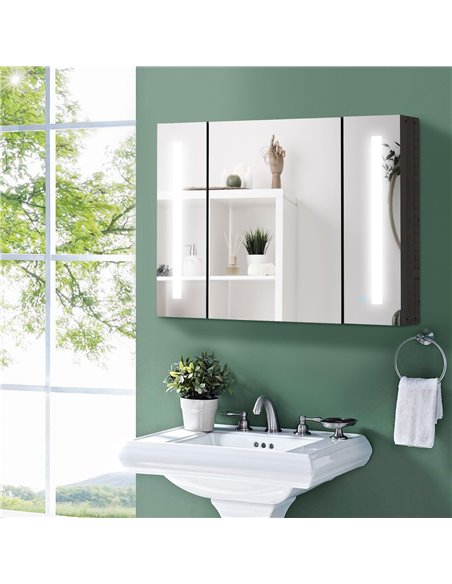 Kleankin LED Bathroom Wall Mounted Dimmable Cabinet with 3 Mirrored Doors, High Gloss Black - pic 21346 | FastDaddyshop