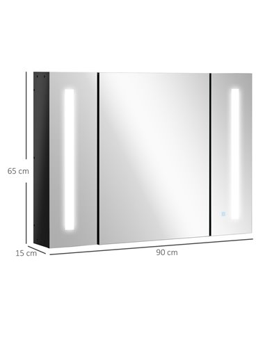 Kleankin LED Bathroom Wall Mounted Dimmable Cabinet with 3 Mirrored Doors, High Gloss Black