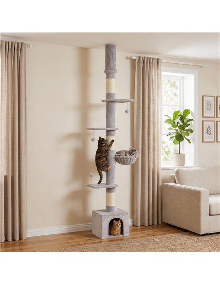 PawHut Floor to Ceiling Cat Tree, 230-250cm Multi-Level Cat Tower with Adjustable Height, Scratching Posts, Condo, Platforms - pic 213470 | FastDaddyshop