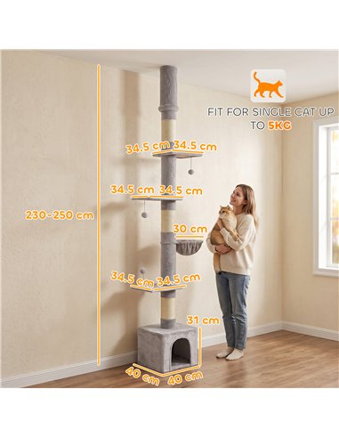 PawHut Floor to Ceiling Cat Tree, 230-250cm Multi-Level Cat Tower with Adjustable Height, Scratching Posts, Condo, Platforms