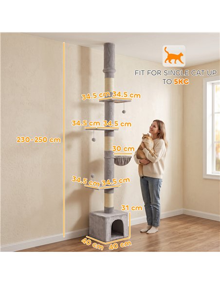 PawHut Floor to Ceiling Cat Tree, 230-250cm Multi-Level Cat Tower with Adjustable Height, Scratching Posts, Condo, Platforms - pic 213471 | FastDaddyshop