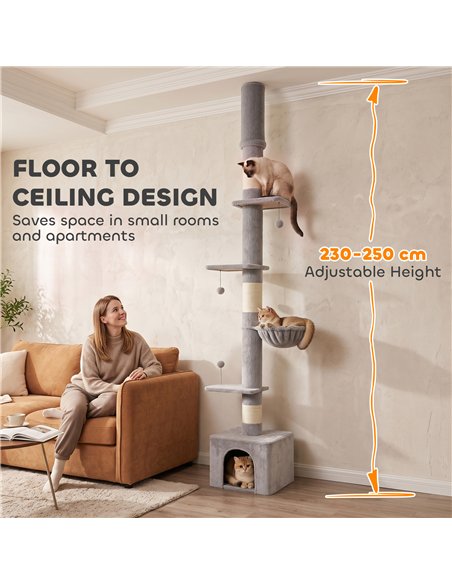 PawHut Floor to Ceiling Cat Tree, 230-250cm Multi-Level Cat Tower with Adjustable Height, Scratching Posts, Condo, Platforms - pic 213472 | FastDaddyshop