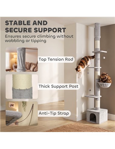 PawHut Floor to Ceiling Cat Tree, 230-250cm Multi-Level Cat Tower with Adjustable Height, Scratching Posts, Condo, Platforms