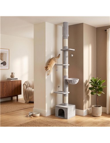 PawHut Floor to Ceiling Cat Tree, 230-250cm Multi-Level Cat Tower with Adjustable Height, Scratching Posts, Condo, Platforms