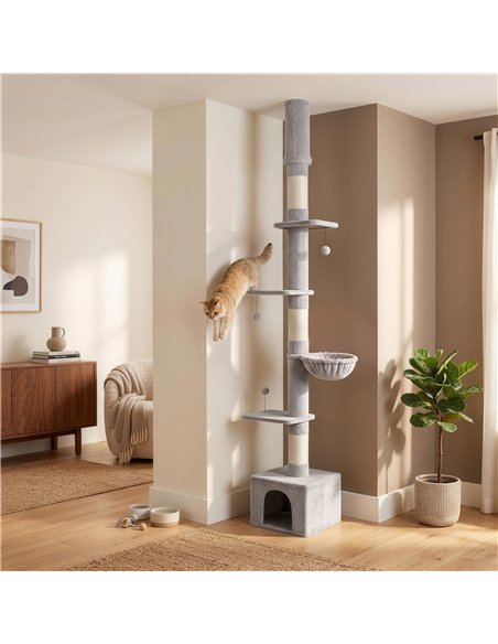 PawHut Floor to Ceiling Cat Tree, 230-250cm Multi-Level Cat Tower with Adjustable Height, Scratching Posts, Condo, Platforms - pic 213476 | FastDaddyshop