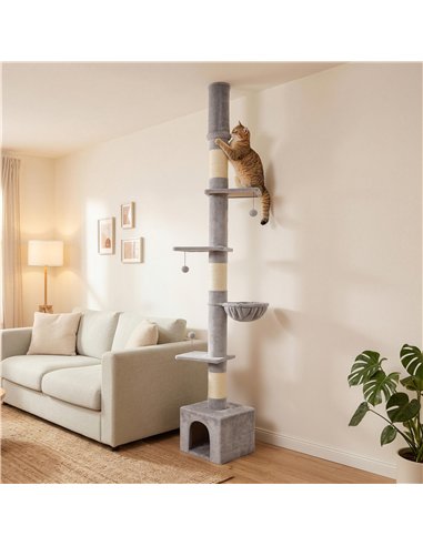 PawHut Floor to Ceiling Cat Tree, 230-250cm Multi-Level Cat Tower with Adjustable Height, Scratching Posts, Condo, Platforms