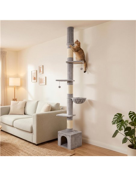 PawHut Floor to Ceiling Cat Tree, 230-250cm Multi-Level Cat Tower with Adjustable Height, Scratching Posts, Condo, Platforms - pic 213477 | FastDaddyshop