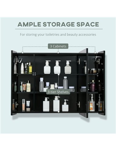 Kleankin LED Bathroom Wall Mounted Dimmable Cabinet with 3 Mirrored Doors, High Gloss Black