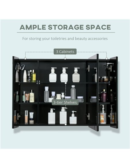 Kleankin LED Bathroom Wall Mounted Dimmable Cabinet with 3 Mirrored Doors, High Gloss Black - pic 21348 | FastDaddyshop