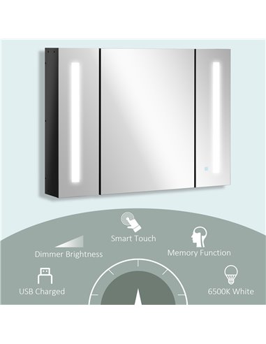Kleankin LED Bathroom Wall Mounted Dimmable Cabinet with 3 Mirrored Doors, High Gloss Black