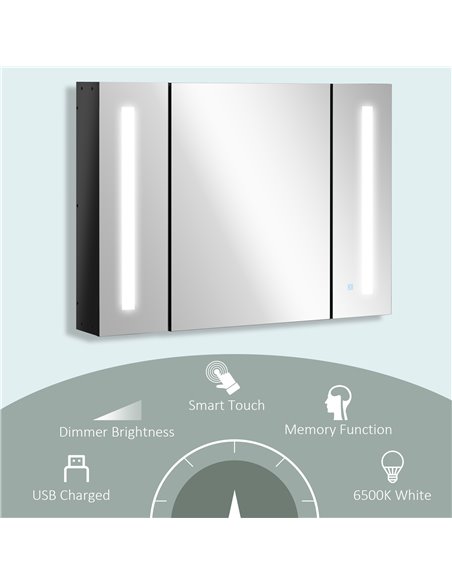 Kleankin LED Bathroom Wall Mounted Dimmable Cabinet with 3 Mirrored Doors, High Gloss Black - pic 21349 | FastDaddyshop