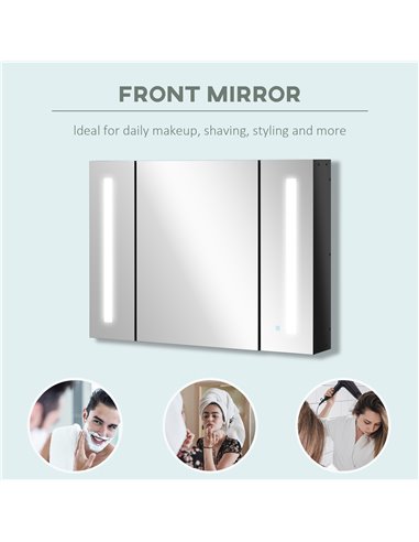 Kleankin LED Bathroom Cabinet with Mirror, Wall Mounted Dimmable Storage Organiser with 3 Mirrored Doors and Adjustable Shelves