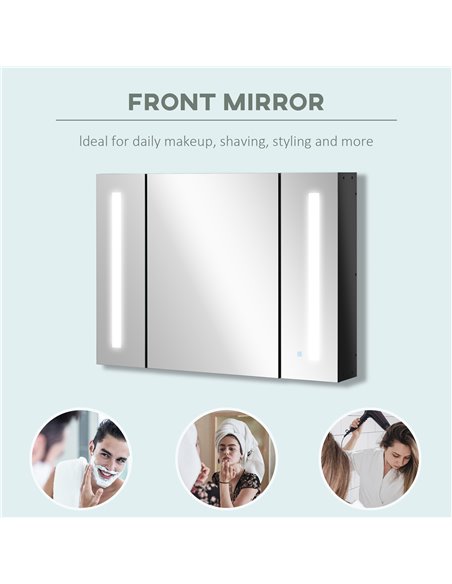 Kleankin LED Bathroom Cabinet with Mirror, Wall Mounted Dimmable Storage Organiser with 3 Mirrored Doors and Adjustable Shelves - pic 21351 | FastDaddyshop
