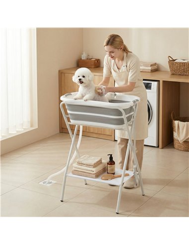 PawHut Dog Bath Tub, Portable Foldable Dog Bathtub with Stand, Drainage Hole, for Small Dogs Puppies Grey