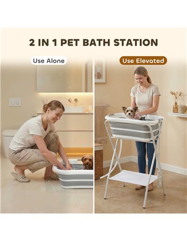 PawHut Dog Bath Tub, Portable Foldable Dog Bathtub with Stand, Drainage Hole, for Small Dogs Puppies Grey