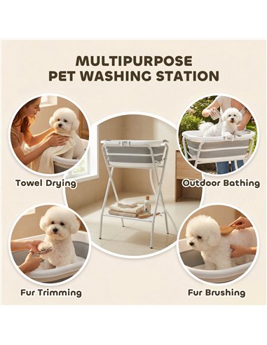 PawHut Dog Bath Tub, Portable Foldable Dog Bathtub with Stand, Drainage Hole, for Small Dogs Puppies Grey