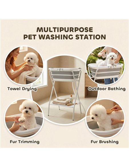 PawHut Dog Bath Tub, Portable Foldable Dog Bathtub with Stand, Drainage Hole, for Small Dogs Puppies Grey - pic 213518 | FastDaddyshop