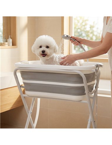 PawHut Dog Bath Tub, Portable Foldable Dog Bathtub with Stand, Drainage Hole, for Small Dogs Puppies Grey