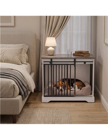 PawHut 80 cm Dog Crate Furniture with Sliding Barn Door for Medium Dogs, White