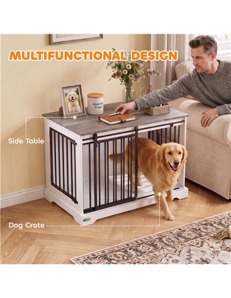 PawHut 100 cm Large Dog Crate Furniture with Sliding Barn Door for Large Dogs, White - pic 213556 | FastDaddyshop