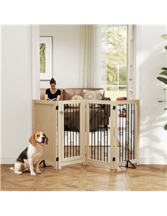 PawHut 4 Panel Freestanding Pet Gate, Indoor Dog Barrier with Lockable Door, Support Feet, 360° Flexible Hinges, Oak 2