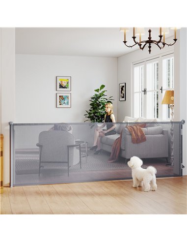 PawHut Retractable Dog Gate, Extends to 300 cm Wide & 104 cm Tall, Mesh Pet Gate Single Hand Operation, for Stairs Doorways