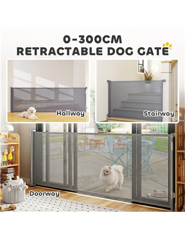 PawHut Retractable Dog Gate, Extends to 300 cm Wide & 104 cm Tall, Mesh Pet Gate Single Hand Operation, for Stairs Doorways