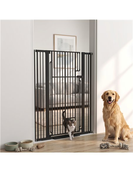 PawHut 135cm Extra Tall Dog Gate with Cat Door, Fits Openings 81-108 cm Pressure Mounted for Doorways, Hallways, No Drilling - pic 213596 | FastDaddyshop