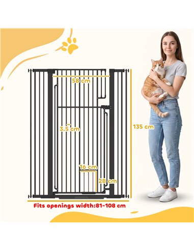 PawHut 135cm Extra Tall Dog Gate with Cat Door, Fits Openings 81-108 cm Pressure Mounted for Doorways, Hallways, No Drilling