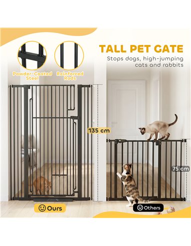 PawHut 135cm Extra Tall Dog Gate with Cat Door, Fits Openings 81-108 cm Pressure Mounted for Doorways, Hallways, No Drilling
