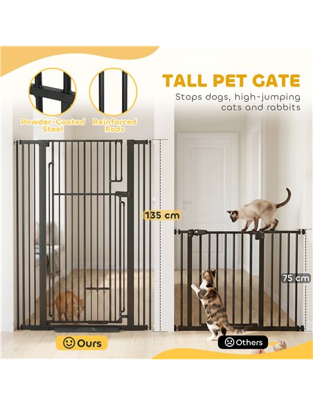 PawHut 135cm Extra Tall Dog Gate with Cat Door, Fits Openings 81-108 cm Pressure Mounted for Doorways, Hallways, No Drilling - pic 213598 | FastDaddyshop