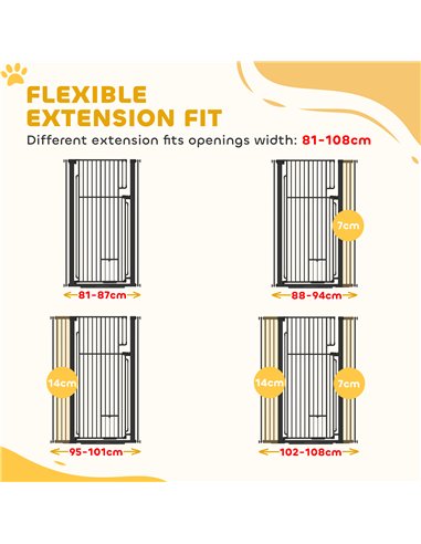 PawHut 135cm Extra Tall Dog Gate with Cat Door, Fits Openings 81-108 cm Pressure Mounted for Doorways, Hallways, No Drilling