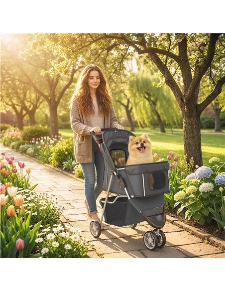 PawHut Dog Stroller, 3 Wheels Foldable Pet Stroller with Adjustable Canopy, Storage Basket for Small Mini Breeds, Dark Grey - pic 213605 | FastDaddyshop
