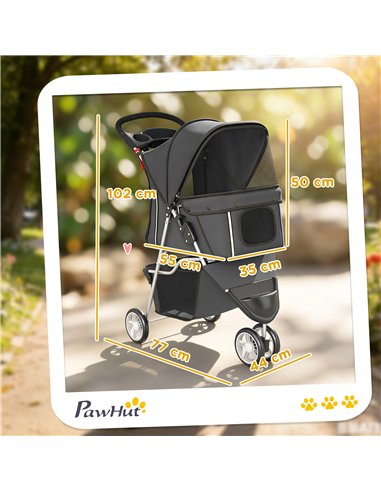 PawHut Dog Stroller, 3 Wheels Foldable Pet Stroller with Adjustable Canopy, Storage Basket for Small Mini Breeds, Dark Grey