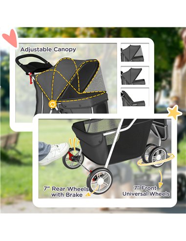 PawHut Dog Stroller, 3 Wheels Foldable Pet Stroller with Adjustable Canopy, Storage Basket for Small Mini Breeds, Dark Grey