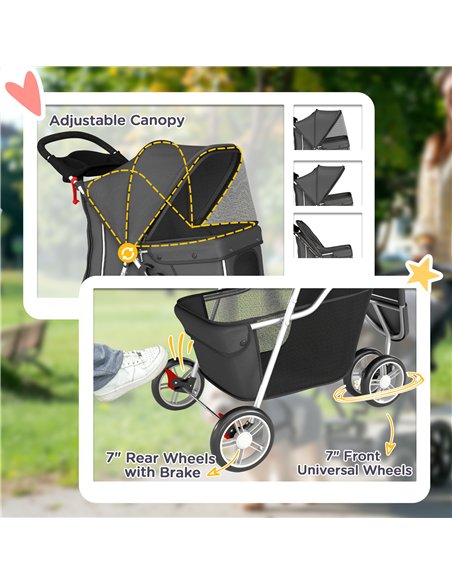 PawHut Dog Stroller, 3 Wheels Foldable Pet Stroller with Adjustable Canopy, Storage Basket for Small Mini Breeds, Dark Grey - pic 213609 | FastDaddyshop