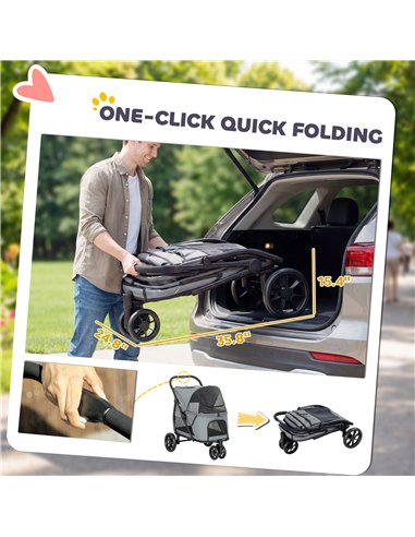 PawHut Dog Stroller, 3 Wheels Pet Stroller with Dual Entry, Easy One-Click Quick Fold, Mesh Windows, Washable Cushion