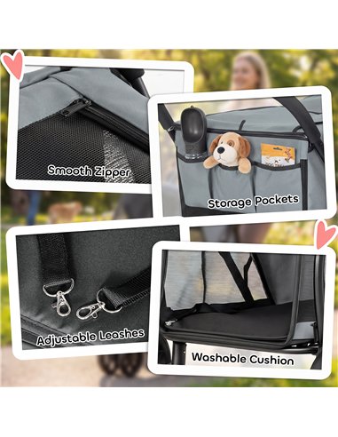PawHut Dog Stroller, 3 Wheels Pet Stroller with Dual Entry, Easy One-Click Quick Fold, Mesh Windows, Washable Cushion