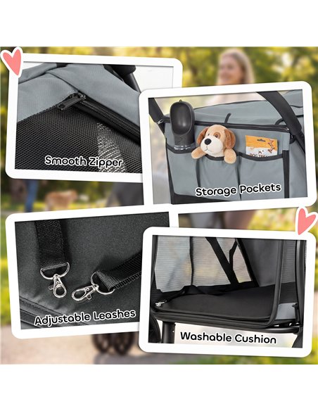 PawHut Dog Stroller, 3 Wheels Pet Stroller with Dual Entry, Easy One-Click Quick Fold, Mesh Windows, Washable Cushion - pic 213621 | FastDaddyshop