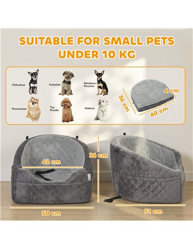 PawHut Dog Car Seat, Detachable Washable Dog Booster Seat with Thick Cushion, Seat Belt, Pockets for Small Under 10kg, Grey
