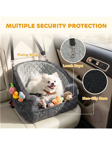 PawHut Dog Car Seat, Detachable Washable Dog Booster Seat with Thick Cushion, Seat Belt, Pockets for Small Under 10kg, Grey