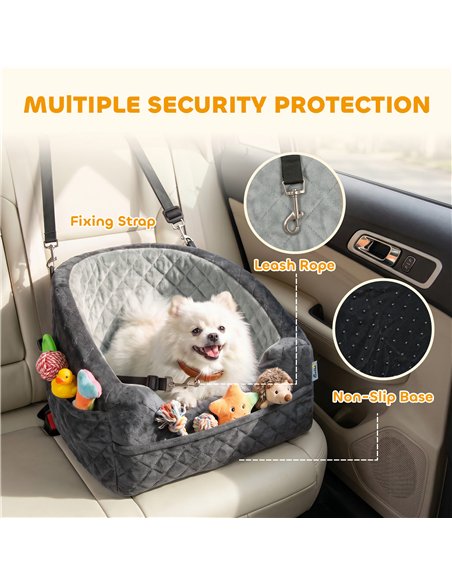 PawHut Dog Car Seat, Detachable Washable Dog Booster Seat with Thick Cushion, Seat Belt, Pockets for Small Under 10kg, Grey - pic 213634 | FastDaddyshop