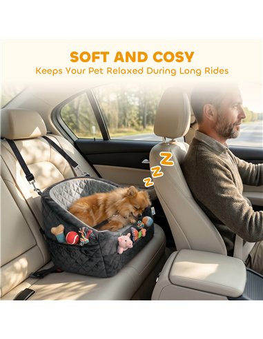 PawHut Dog Car Seat, Detachable Washable Dog Booster Seat with Thick Cushion, Seat Belt, Pockets for Small Under 10kg, Grey