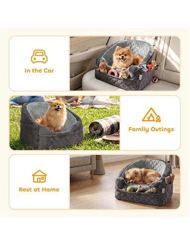 PawHut Dog Car Seat, Detachable Washable Dog Booster Seat with Thick Cushion, Seat Belt, Pockets for Small Under 10kg, Grey